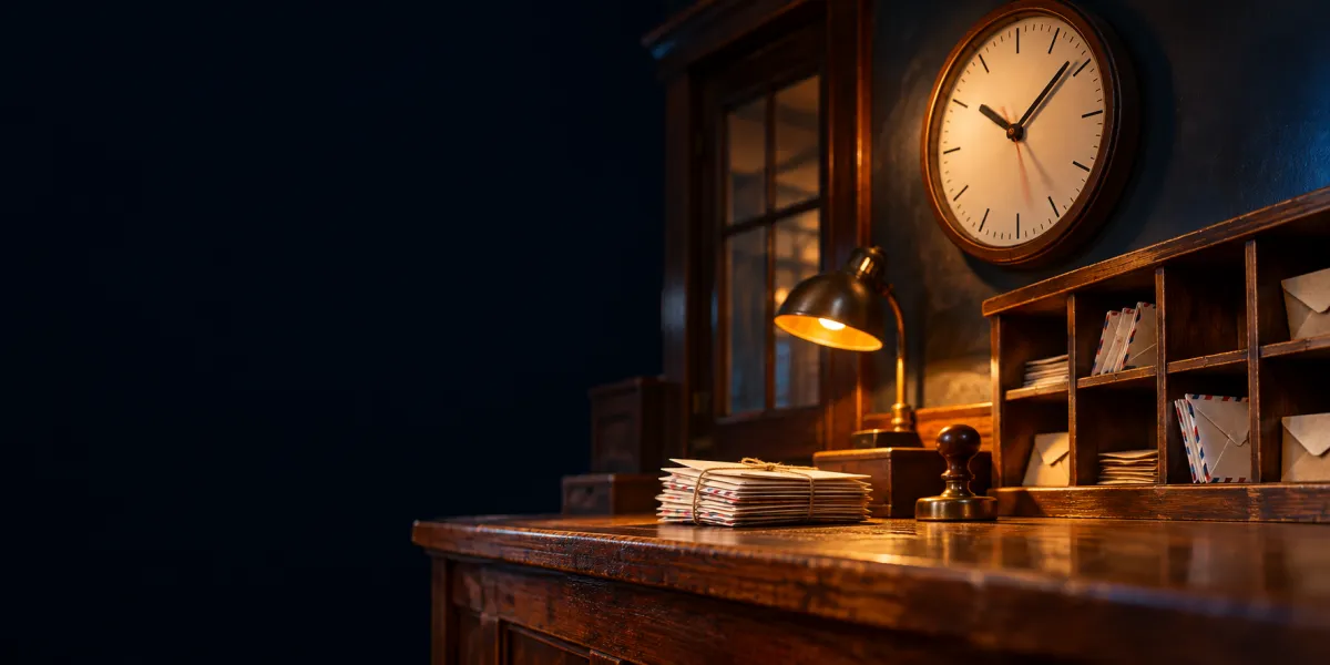 A round station clock over a post-office counter, its second hand blurred