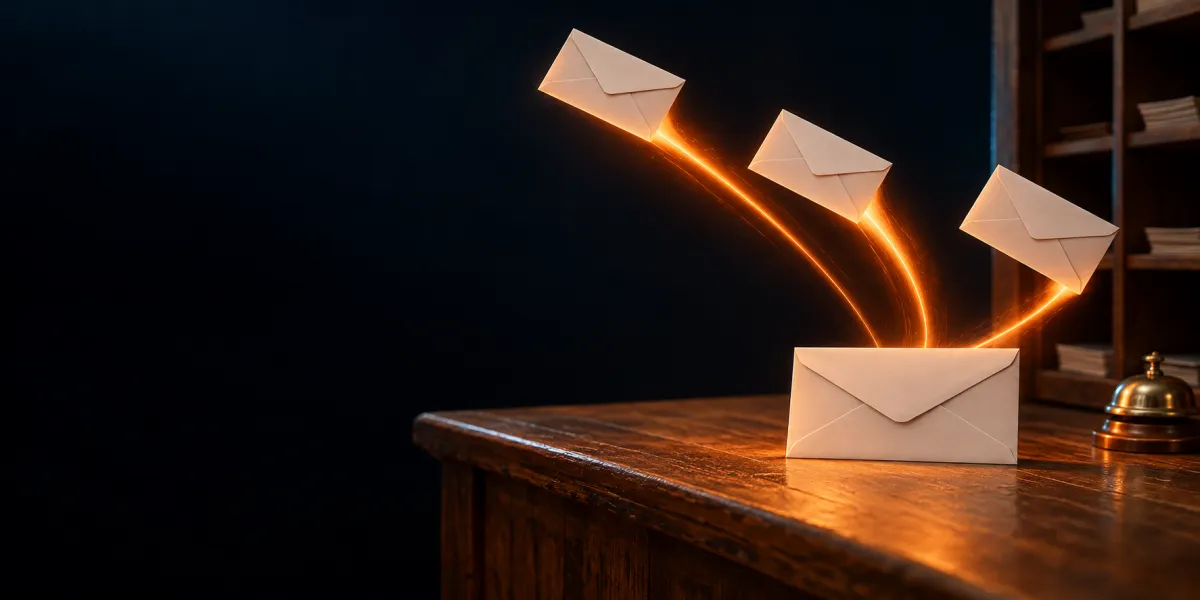 One envelope on a counter and three copies of it fanning out into the dark