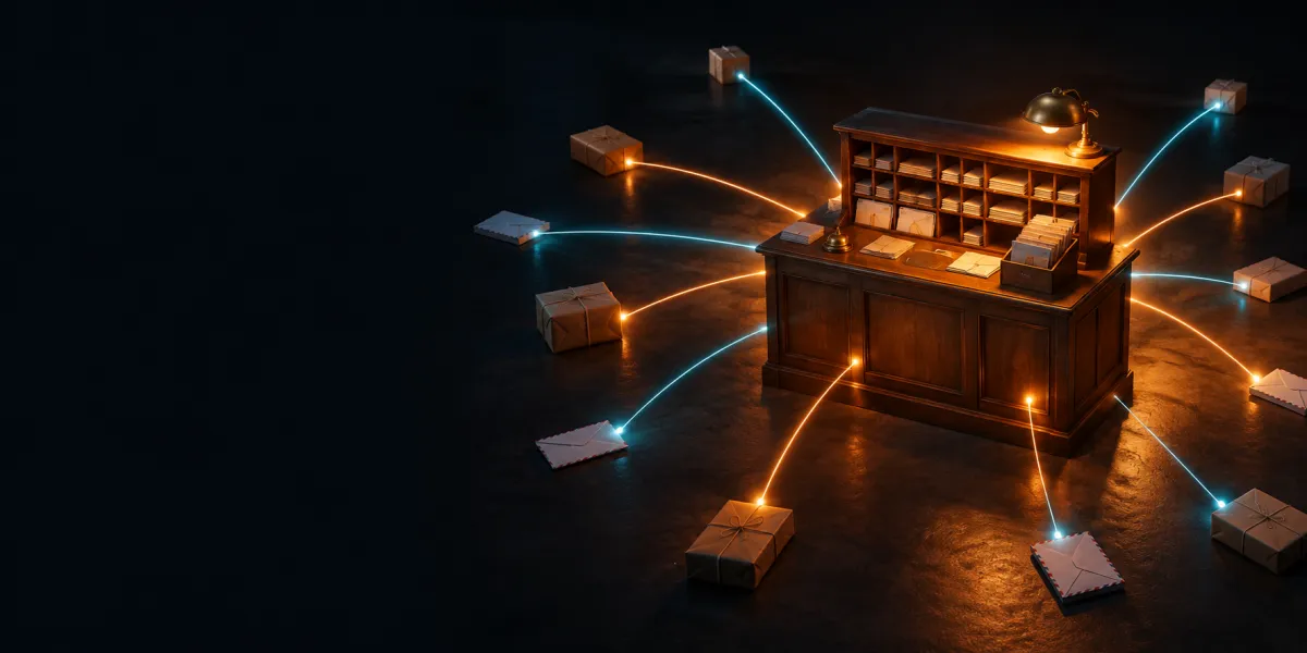 A single lit post-office counter in a dark room, lines of light converging on it from every direction