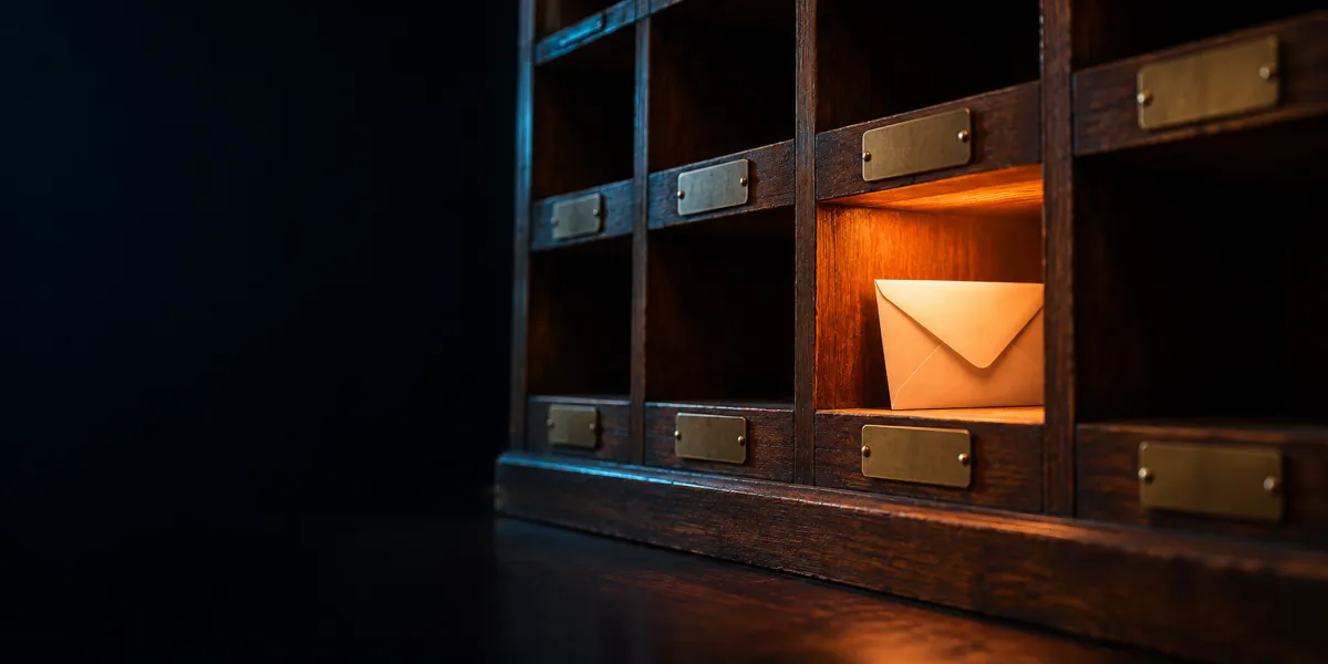 A wall of wooden pigeonholes with blank brass plates, one lit orange with an envelope in it