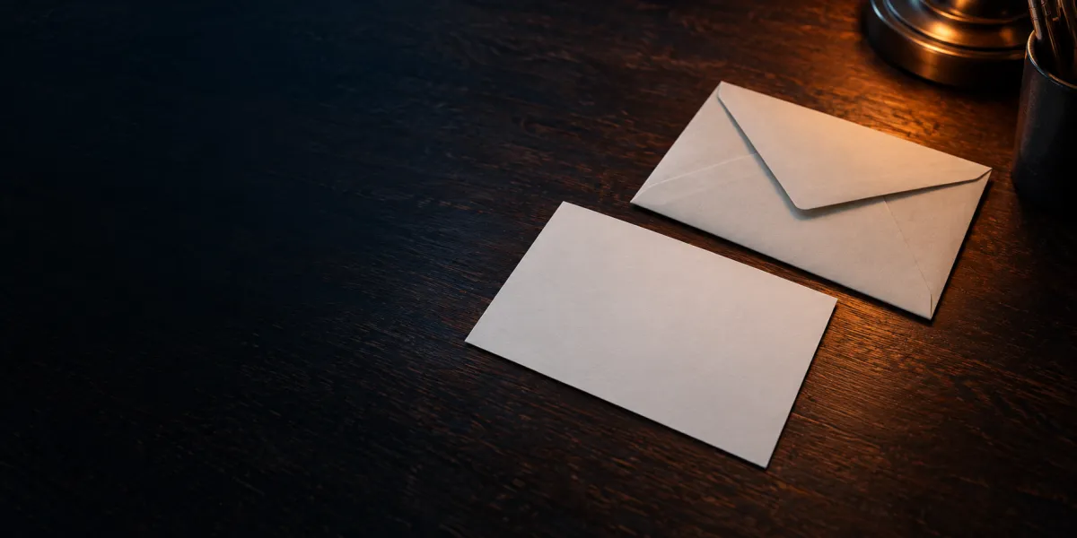 A postcard lying face up beside a sealed envelope on a dark desk