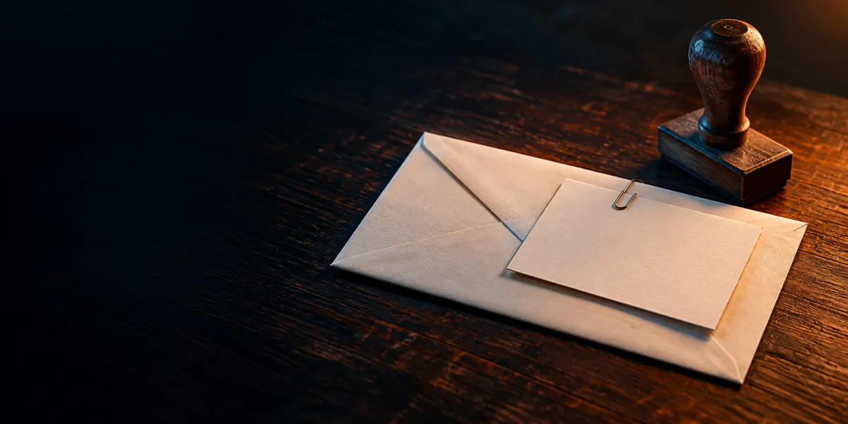 A registered letter with a return-receipt card clipped to it, a rubber stamp beside it