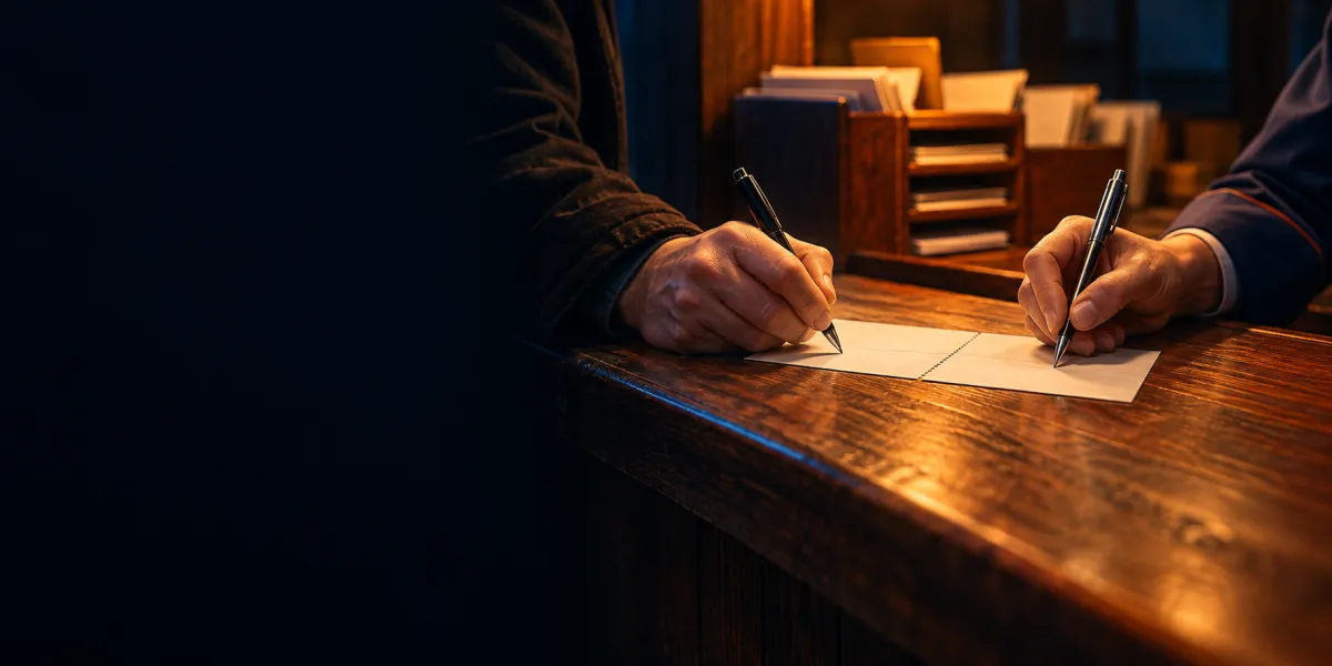 Two hands signing two halves of the same receipt across a counter