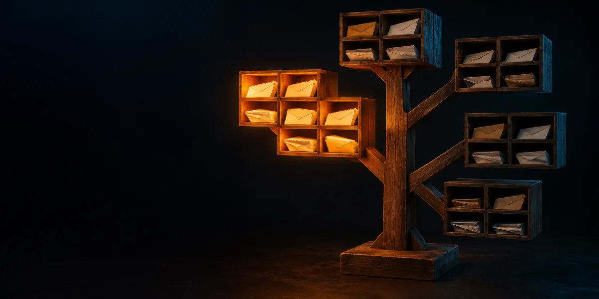 Wooden pigeonholes arranged as a branching tree, one group of branches lit together