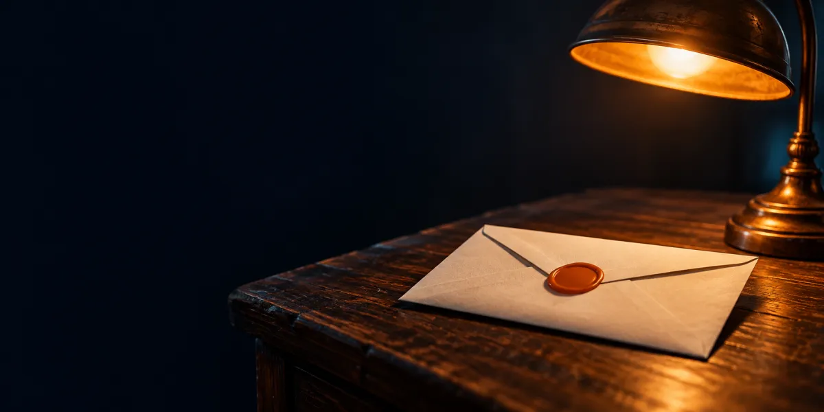 A sealed envelope with an orange wax seal alone on a counter under a lamp