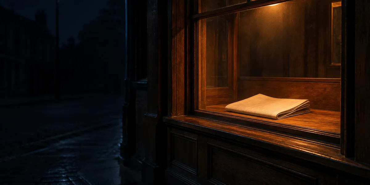 A post-office display window at night with one newspaper on show