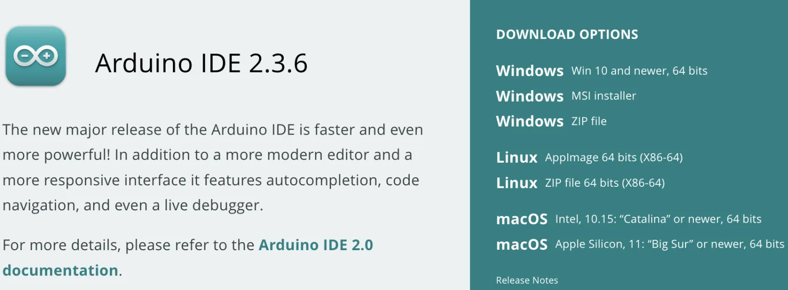 The Arduino IDE download page, listing separate downloads for Windows, Linux, macOS Intel and macOS Apple Silicon.