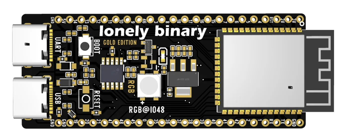The ESP32-S3 N16R8 board seen face-on and lengthways: two USB-C sockets at the left edge, BOOT and RESET buttons, a single RGB LED marked RGB@IO48 in the middle, and the shielded module with its antenna at the right.