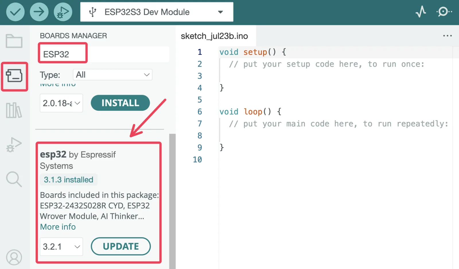 The Boards Manager panel in the Arduino IDE with esp32 typed in the search box, showing the esp32 package by Espressif Systems marked as installed.