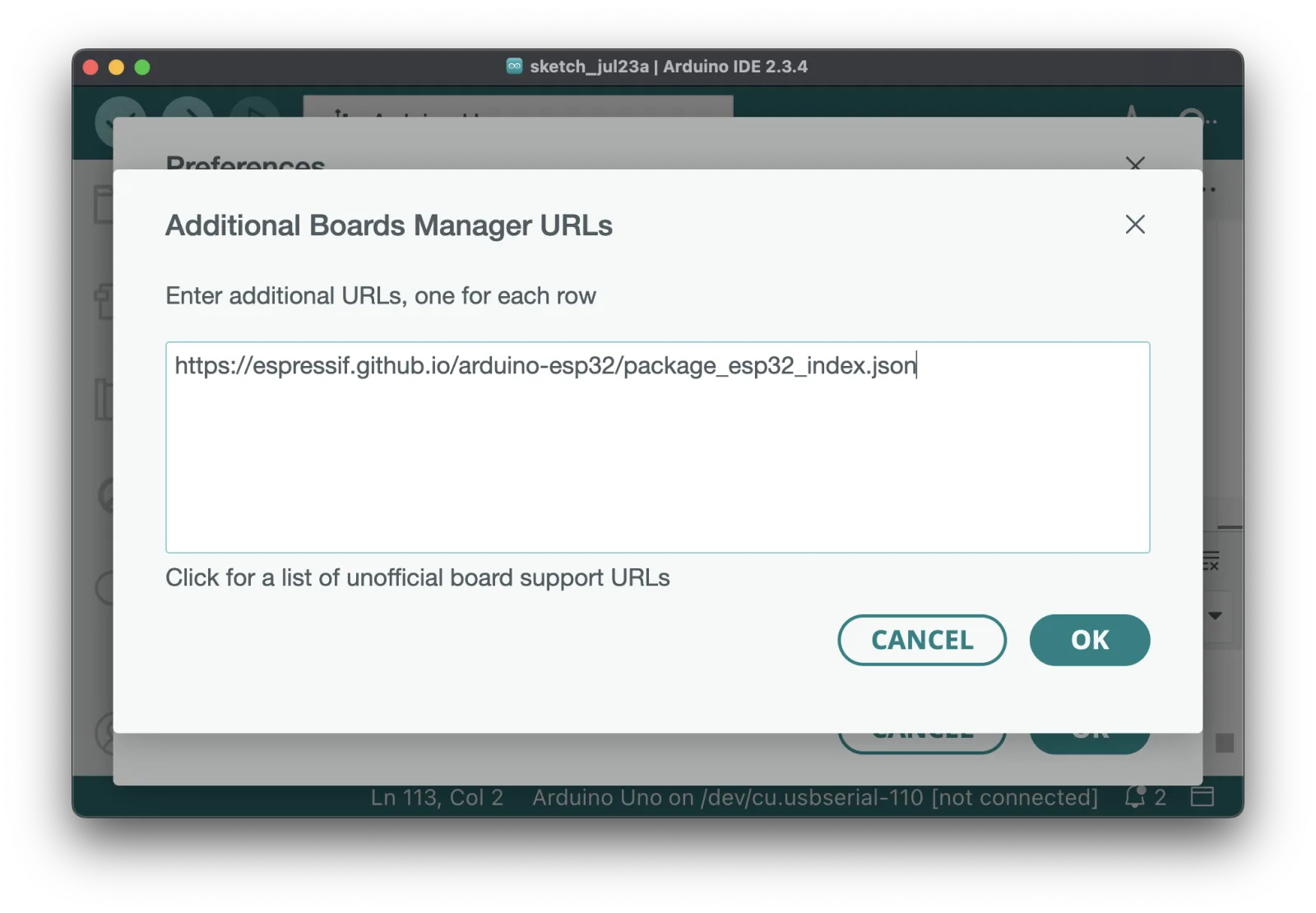 The Additional Boards Manager URLs dialog in the Arduino IDE, with one Espressif package index URL typed into the box.