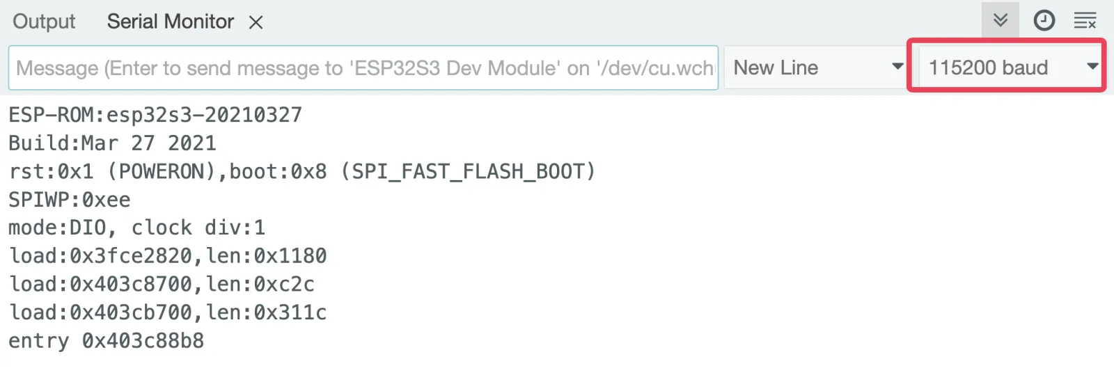The Arduino IDE Serial Monitor at 115200 baud showing an ESP32-S3 ROM boot log — ESP-ROM:esp32s3-20210327, rst:0x1 POWERON, several load lines and entry 0x403c88b8 — and nothing after it.