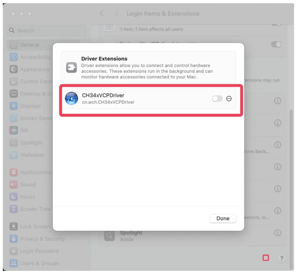 The Driver Extensions sheet in macOS System Settings, listing CH34xVCPDriver with a switch that is currently off.
