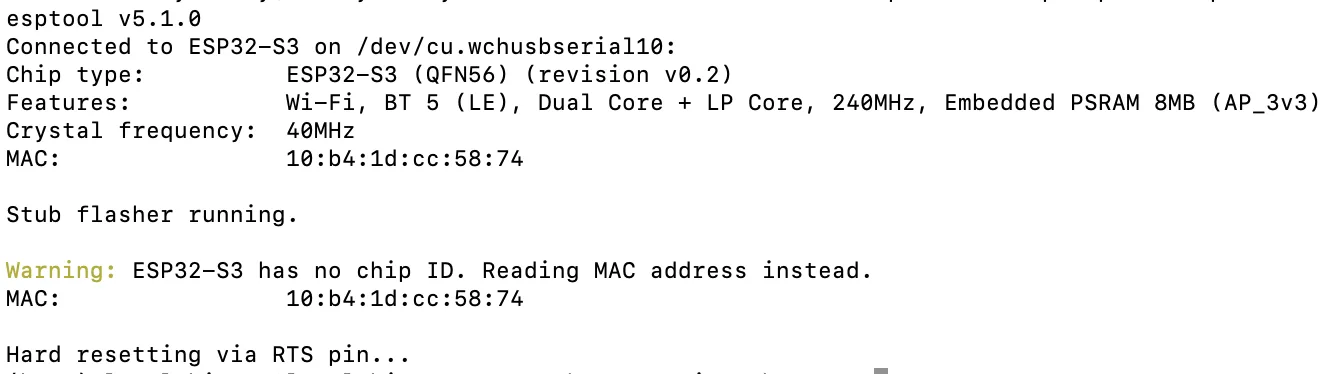 Terminal output from esptool chip-id: chip type ESP32-S3 QFN56 revision v0.2, features Wi-Fi, BT 5 LE, dual core plus LP core, 240MHz, embedded PSRAM 8MB, and a warning that the ESP32-S3 has no chip ID so the MAC address is read instead.
