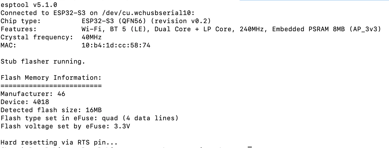 Terminal output from esptool flash-id: Manufacturer 46, Device 4018, Detected flash size 16MB, flash type set in eFuse quad, flash voltage 3.3V.