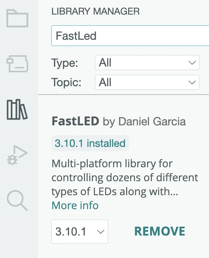 The Arduino IDE Library Manager with FastLed typed in the search box, showing FastLED by Daniel Garcia marked as installed.