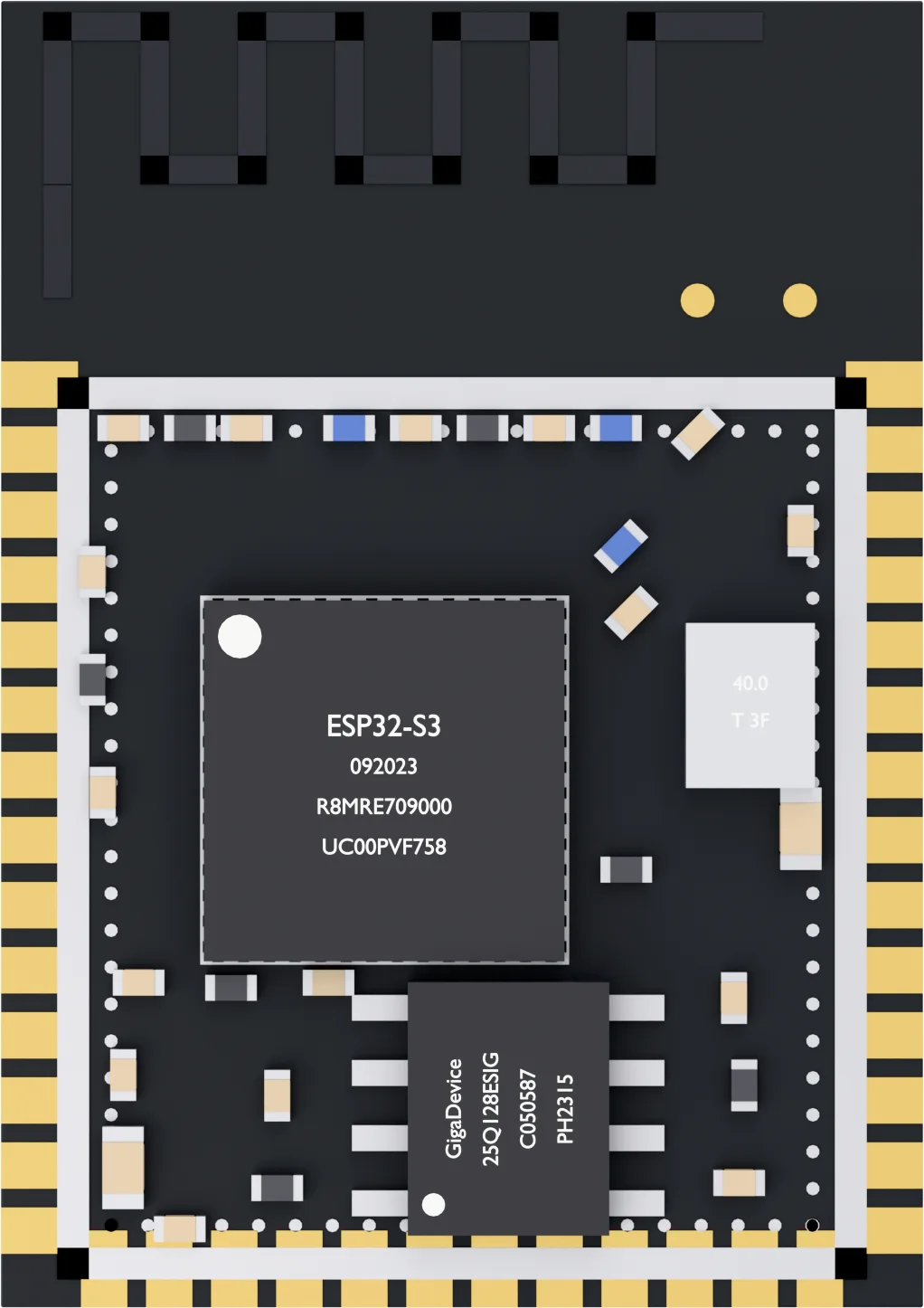 The ESP32-S3-WROOM-1 module with its shield can removed, seen from above: the square ESP32-S3 package in the middle, a GigaDevice flash chip below it, a 40 MHz crystal to its right, and the PCB antenna printed on the board above the shielded area.