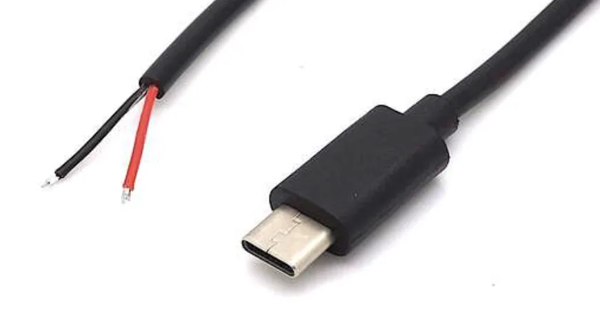 A USB-C cable cut open at one end, showing only two wires inside it, one red and one black.