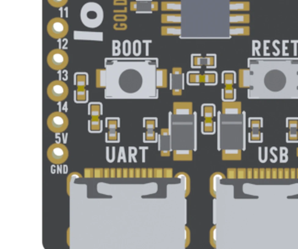 The bottom-left corner of the ESP32-S3 board seen from the front, with the header pins labelled 11, 12, 13, 14, 5V and GND running down the edge, and the UART and USB-C sockets along the bottom.