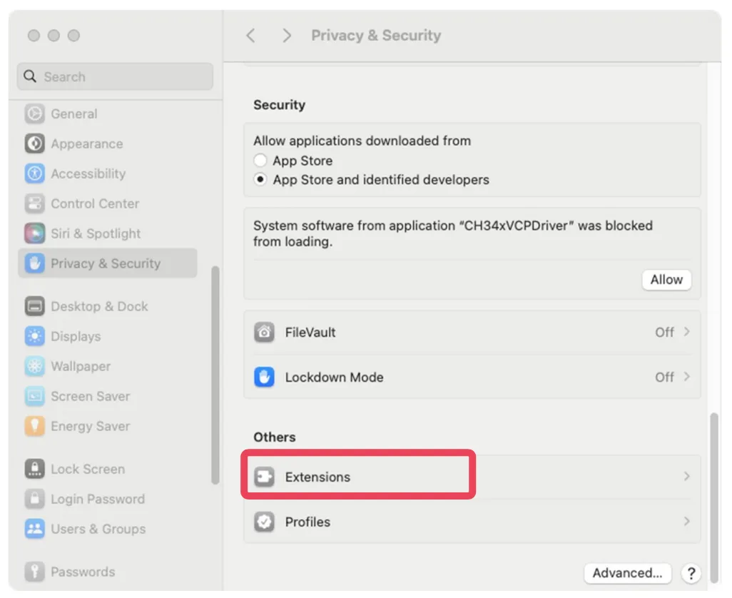 macOS System Settings, Privacy & Security, showing the message: System software from application CH34xVCPDriver was blocked from loading, with an Allow button beside it.