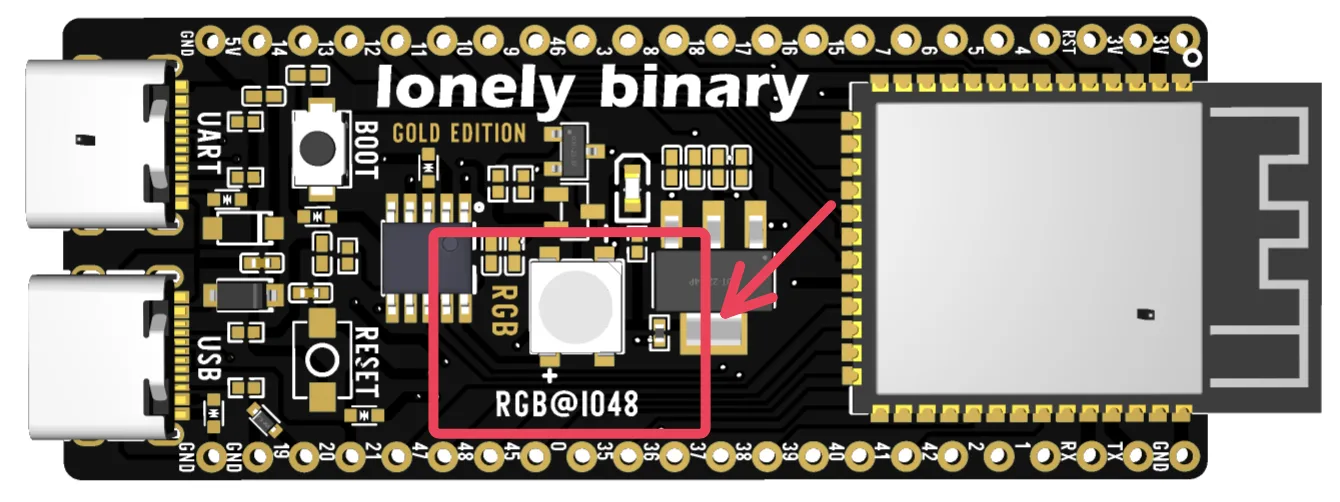 The ESP32-S3 board with the single white square LED near its centre highlighted, beside the silkscreen marking RGB@IO48.