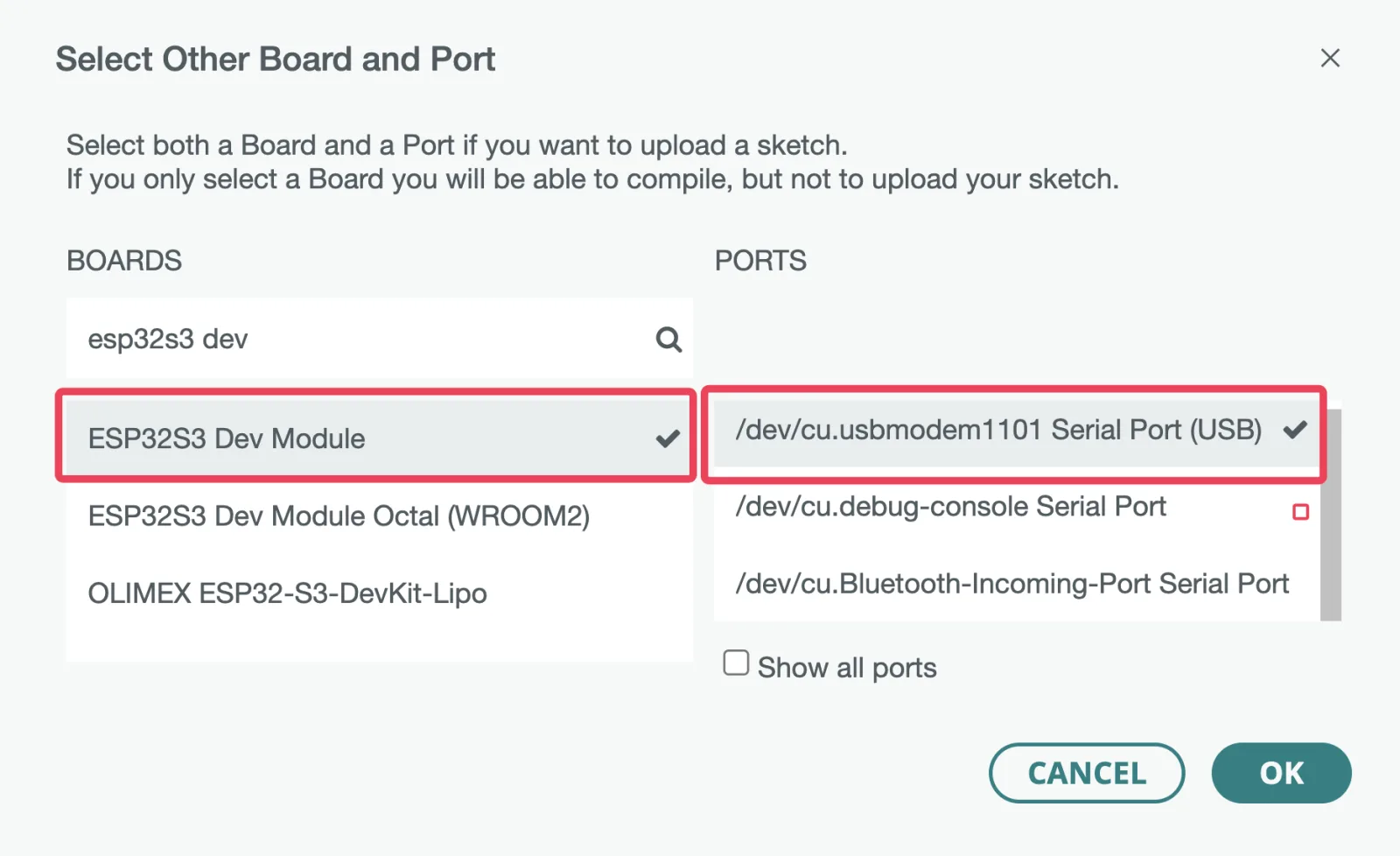 The Arduino IDE's Select Other Board and Port dialog, with ESP32S3 Dev Module chosen on the left and a /dev/cu.usbmodem serial port chosen on the right.