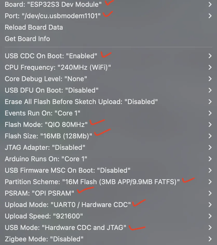 The Arduino IDE Tools menu with the ESP32S3 Dev Module rows visible: USB CDC On Boot Enabled, Flash Mode QIO 80MHz, Flash Size 16MB (128Mb), Partition Scheme 16M Flash (3MB APP/9.9MB FATFS), PSRAM OPI PSRAM, Upload Mode UART0 / Hardware CDC, USB Mode Hardware CDC and JTAG.