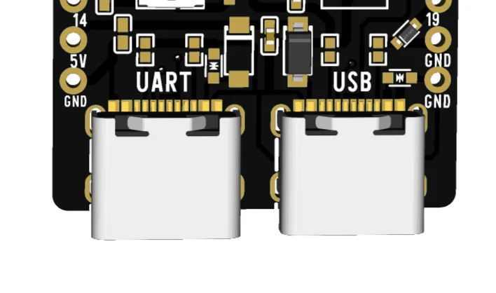 The end of the board, close up: two identical USB-C sockets side by side, with UART printed on the silkscreen above the left one and USB above the right one.