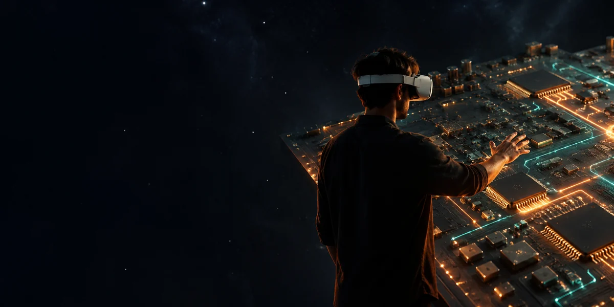 A person wearing a VR headset reaches out to touch a giant glowing circuit board floating in the dark
