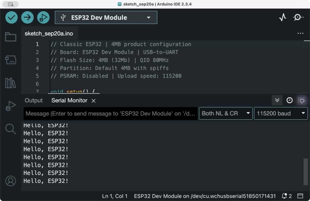ESP32 · arduino · Hello, ESP32!
