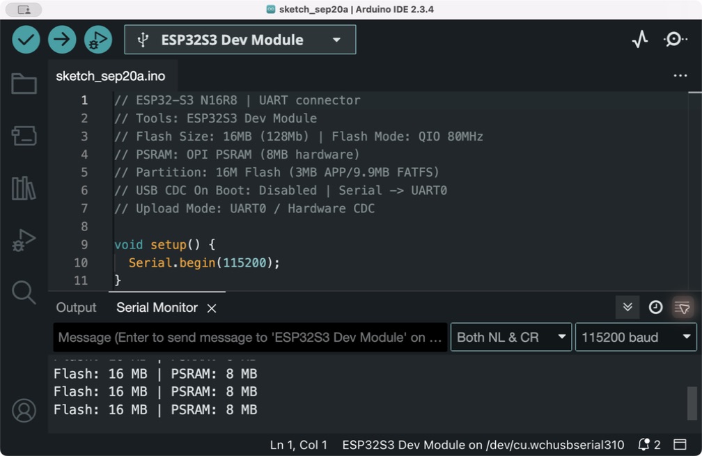 Arduino IDE · N16R8 running over UART