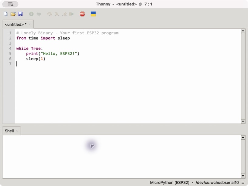 Thonny · MicroPython editor (board not connected)