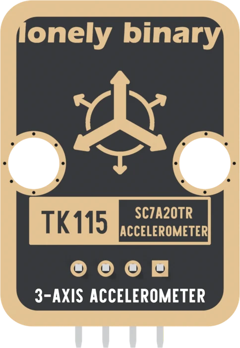 The back of the TK115: lonely binary across the top, a drawing of three arrows pointing outwards from a circle, the two mounting holes, a box printed TK115 beside SC7A20TR ACCELEROMETER, four header pads with the square one at the far right, and 3-AXIS ACCELEROMETER along the bottom edge. No pin names are printed on this side.