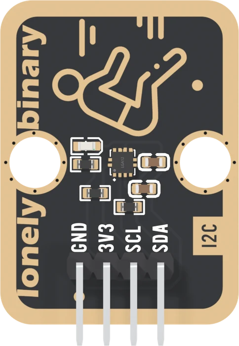 The TK115 from the chip side: a black board with a gold border, lonely binary up the left edge, a drawing of a falling figure at the top, two round mounting holes, a tiny square chip between them with small resistors, capacitors and an LED around it, I2C printed at the right, and a right-angle four-pin header along the bottom labelled GND, 3V3, SCL and SDA from left to right.