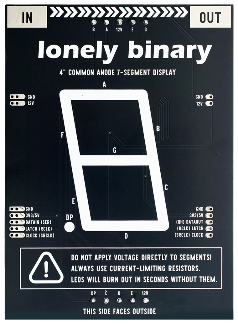The back of the display module: white silkscreen on black, reading lonely binary and 4 inch COMMON ANODE 7-SEGMENT DISPLAY, with IN at the top left and OUT at the top right, a two-pin GND and 12V header on each side, a five-pin header printed GND, 3V3/5V, DATAIN (SER), LATCH (RCLK), CLOCK (SRCLK) on the left and the same five with (QH) DATAOUT on the right, an outline of the digit with its segments lettered A to G and DP, and a boxed warning reading DO NOT APPLY VOLTAGE DIRECTLY TO SEGMENTS.
