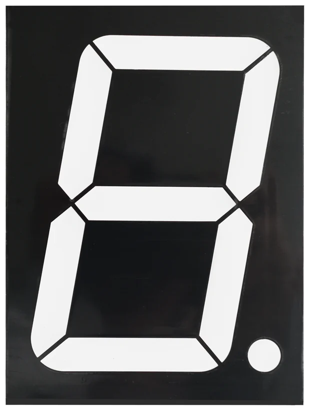 The front of an unlit 4-inch display module: a black panel with seven pale grey bars arranged as a figure 8 and a round grey dot at the bottom right, all visible but none of them glowing.