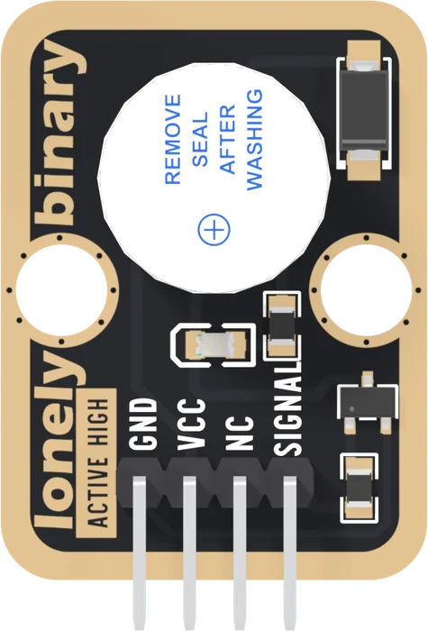 The TK36 from above, parts up and header at the bottom: a black board with a gold border, a large round buzzer covered by a white paper seal printed REMOVE SEAL AFTER WASHING and a blue plus sign, a black diode at the top right, a small LED and a resistor below the buzzer, a three-legged transistor and a second resistor at the lower right, lonely binary and ACTIVE HIGH up the left edge, and four pins labelled GND, VCC, NC and SIGNAL.
