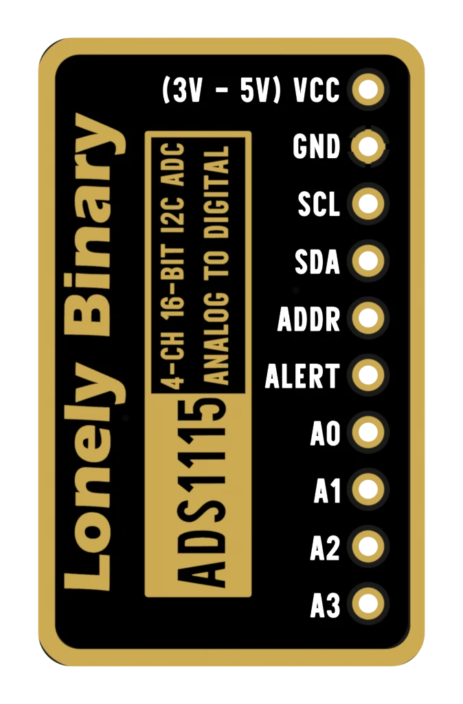 The underside of the ADS1115 module: a black board with the ten pin names printed in white down the right edge, VCC marked (3V - 5V), and a gold panel in the middle reading ADS1115, 4-CH 16-BIT I2C ADC, ANALOG TO DIGITAL, with Lonely Binary down the left side.