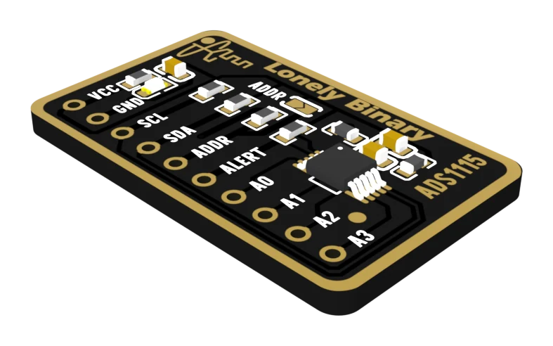 The ADS1115 module at an angle: a black board with gold-plated edge and pads, ten labelled holes down one long edge reading VCC, GND, SCL, SDA, ADDR, ALERT, A0, A1, A2 and A3, a ten-pin surface-mount chip near the lower end, a two-pad solder jumper marked ADDR, and ADS1115 printed in gold on the soldermask.