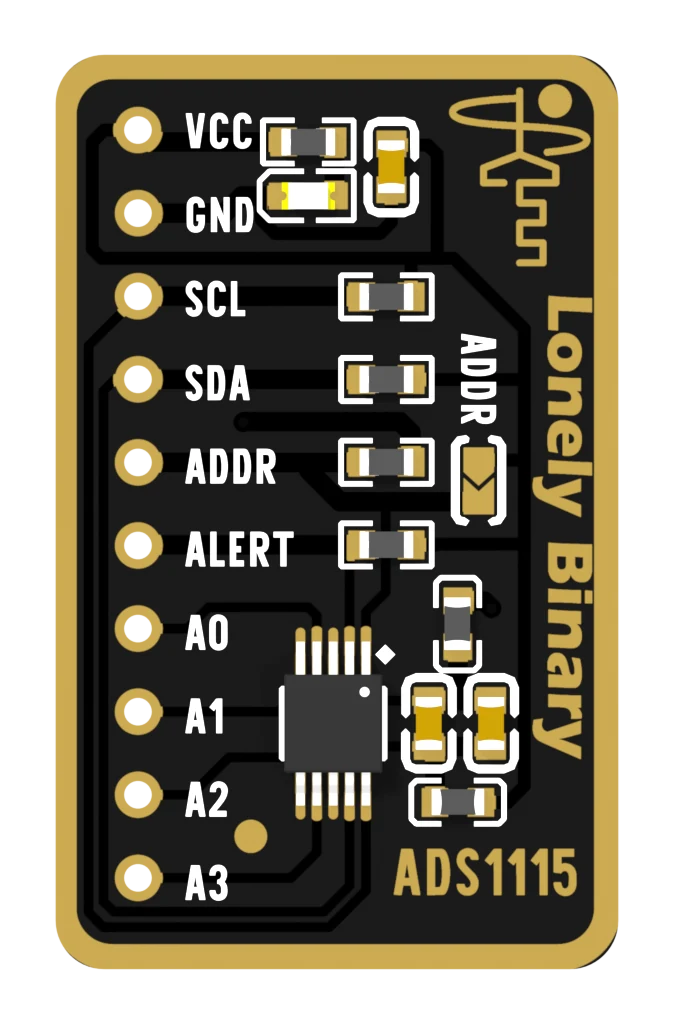 The ADS1115 module seen from above: a black board with gold-plated edges and pads, ten holes down the left edge labelled VCC, GND, SCL, SDA, ADDR, ALERT, A0, A1, A2 and A3 from top to bottom, a small ten-pin chip near the bottom, a two-pad solder jumper labelled ADDR on the right, and the Lonely Binary logo and the text ADS1115 printed in gold.