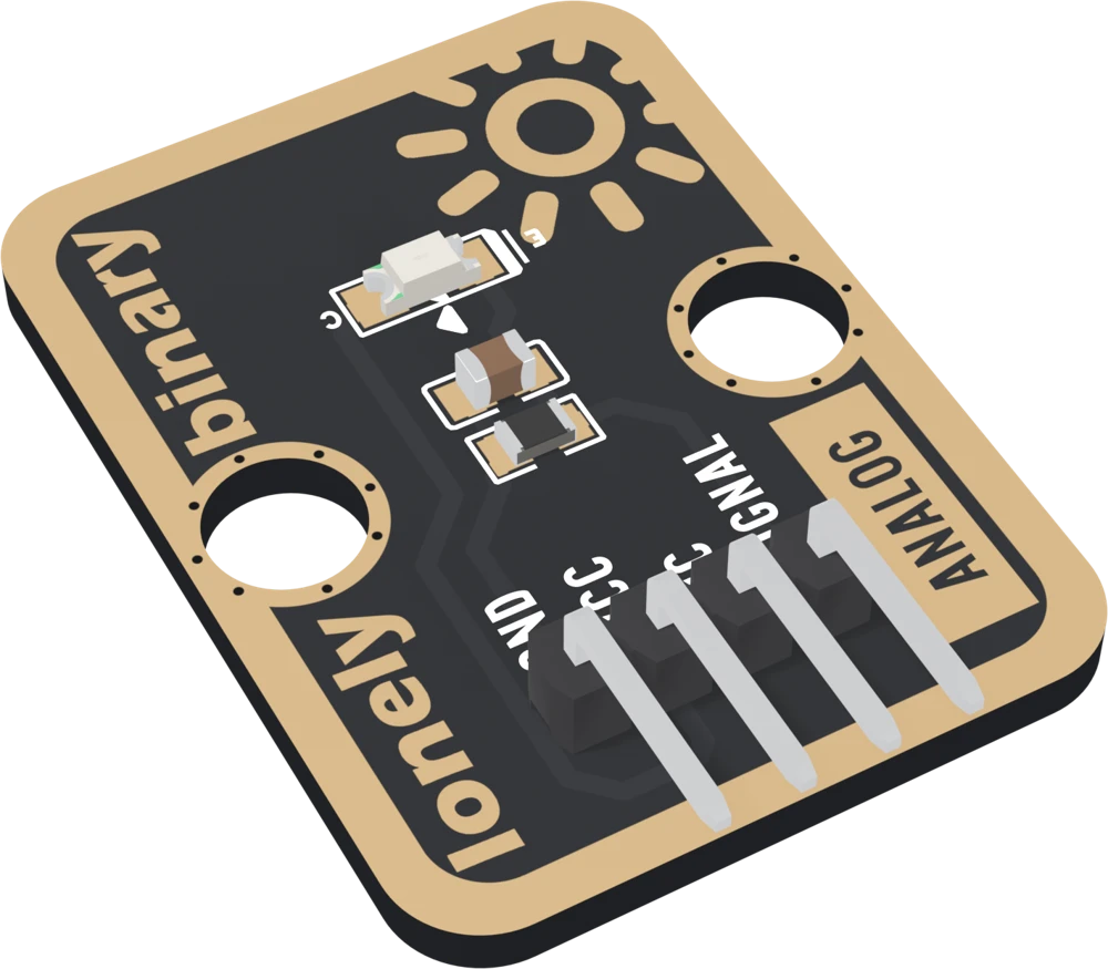 The TK20 at an angle: a black board with a wide gold border, a small clear rectangular sensor near the top with a C and an E printed either side, a brown capacitor and a black resistor below it, a large gold sun at the top right, two big mounting holes, lonely binary along the left edge, a boxed ANALOG along the right, and a right-angle header whose four pins point out past the bottom edge.