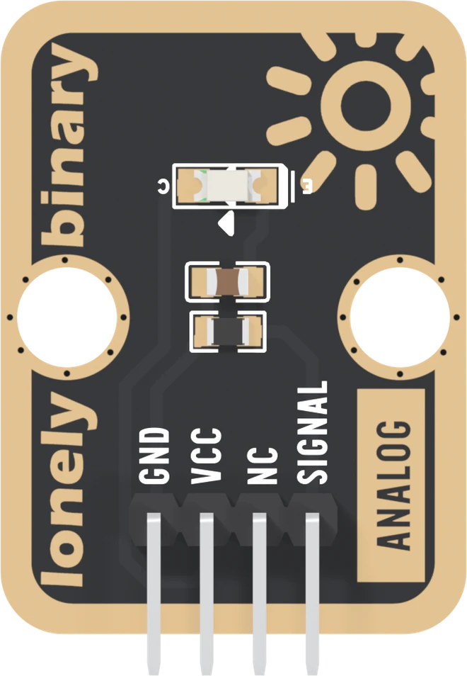 The TK20 seen from the parts side: a black board with a wide gold border, a small clear rectangular sensor near the top with a C printed to its left and an E to its right, a brown capacitor and a black resistor below it, a large gold sun at the top right, two big round mounting holes, lonely binary up the left edge, a boxed ANALOG up the right edge, and a right-angle header labelled GND, VCC, NC and SIGNAL from left to right.