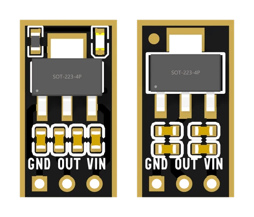 The 3.3 volt board and the adjustable board side by side from the component side, to scale: each a small black board with a gold edge, a large chip with a metal tab near the top, four small capacitors below it and three holes labelled GND, OUT and VIN along the bottom. The 3.3 volt board also has a small LED and resistor either side of the chip's tab.