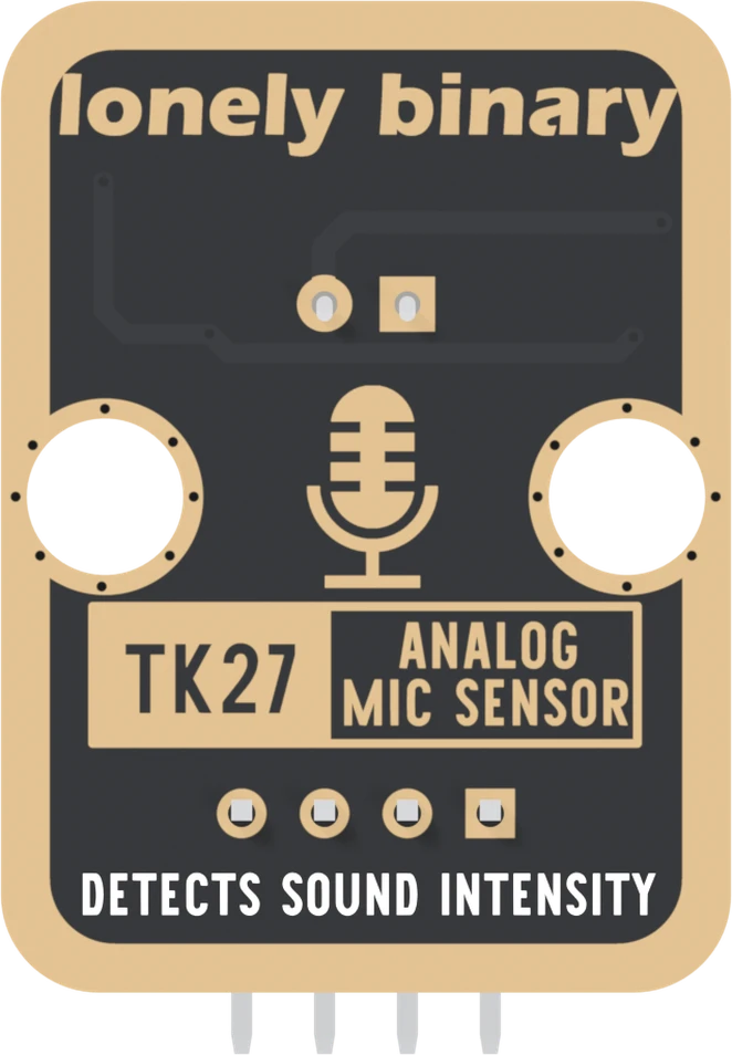 The back of the TK27: a black board with a gold border, lonely binary across the top, the capsule's two lead pads, the square one on the right, a large gold microphone icon between the mounting holes, TK27 ANALOG MIC SENSOR in a boxed label, four header pads in a row with the square one on the right, and DETECTS SOUND INTENSITY along the bottom.