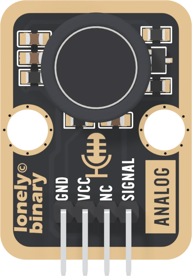 The TK27 seen from the parts side: a black board with a wide gold border, a large black microphone capsule in a thick foam ring near the top, three small parts in a column to its left and three to its right, two more below it, a gold microphone icon between the two big round mounting holes, lonely binary up the left edge, a boxed ANALOG up the right edge, and a right-angle header labelled GND, VCC, NC and SIGNAL from left to right.