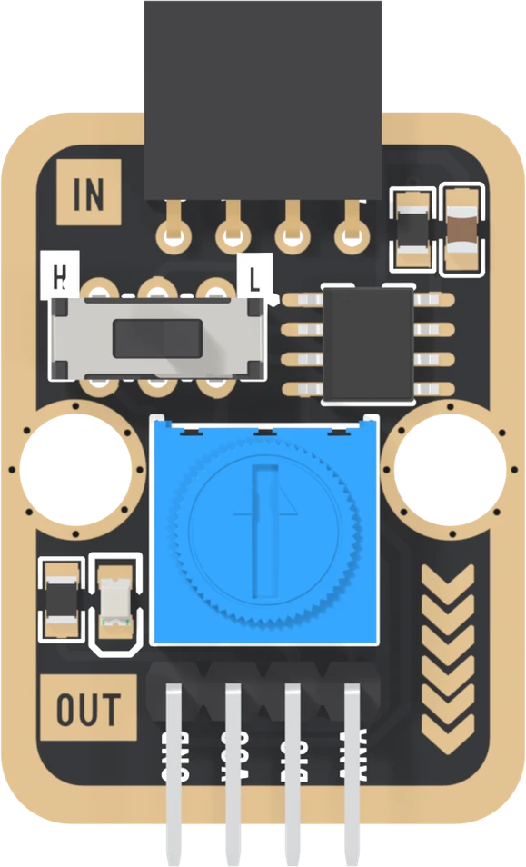 The TK29 seen from the parts side: a black board with a gold border. A black four-way socket stands over the top edge beside a gold IN label. Below it a silver slide switch with H printed over its left end and L over its right, an eight-legged chip to its right, a large blue trimmer with a slotted rotor in the middle, a small resistor and LED at the lower left, gold chevrons pointing down the right edge, a gold OUT label, and four right-angle pins leaving the bottom edge printed GND, VCC, DIG and ANA.