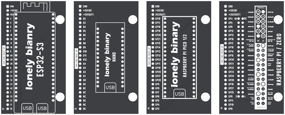 The four adapter boards side by side from above: ESP32-S3, NANO, RASPBERRY PI PICO 1/2 and RASPBERRY PI / ZERO, each a black board with 26 labelled holes down its left edge and the outline of its development board on the right.
