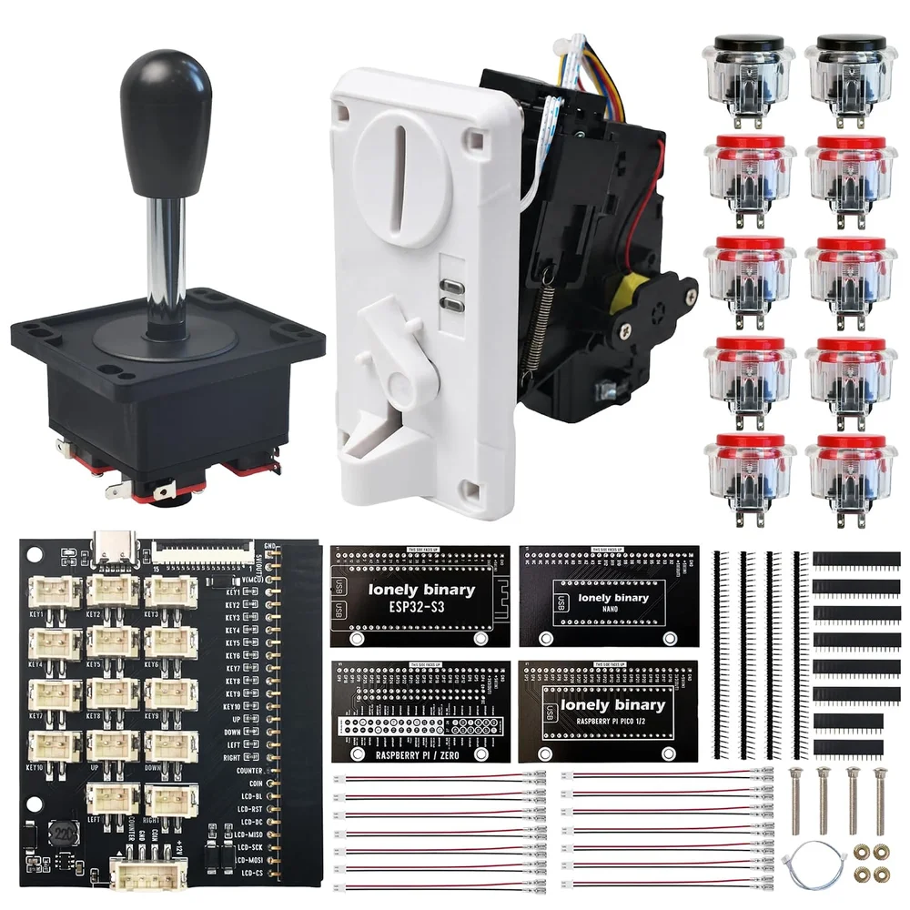 The kit laid out on white: a black arcade joystick, a white-fronted coin acceptor, eight red and two black arcade buttons, the black mainboard with fourteen white two-pin sockets, the four black adapter boards labelled ESP32-S3, NANO, RASPBERRY PI PICO 1/2 and RASPBERRY PI / ZERO, strips of pin headers, bundles of two-wire cables, a four-wire cable and four sets of screws.