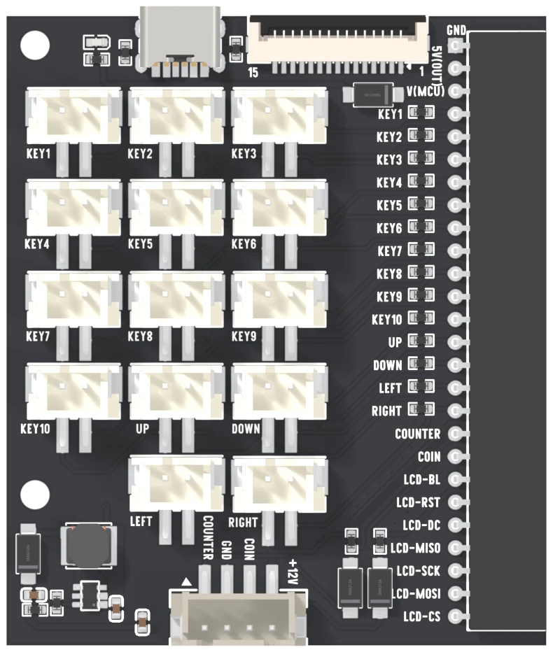 The mainboard from above: a USB-C socket and a 15-way ribbon connector along the top, fourteen white two-pin sockets in rows labelled KEY1 to KEY10, UP, DOWN, LEFT and RIGHT, a four-pin socket at the bottom labelled COUNTER, GND, COIN and +12V, and a column of 26 labelled header positions down the right edge from GND, 5V(OUT) and V(MCU) to LCD-CS.