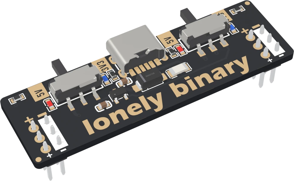 The standard adapter from above at an angle: a long black board with a USB-C socket in the middle of its far edge, a silver slide switch on each half with 5V and 3V3 printed at its two ends, a red LED by each 5V label and a blue LED by each 3V3, and at each end a plus and minus mark over two columns of three pins, with the pins sticking down underneath.