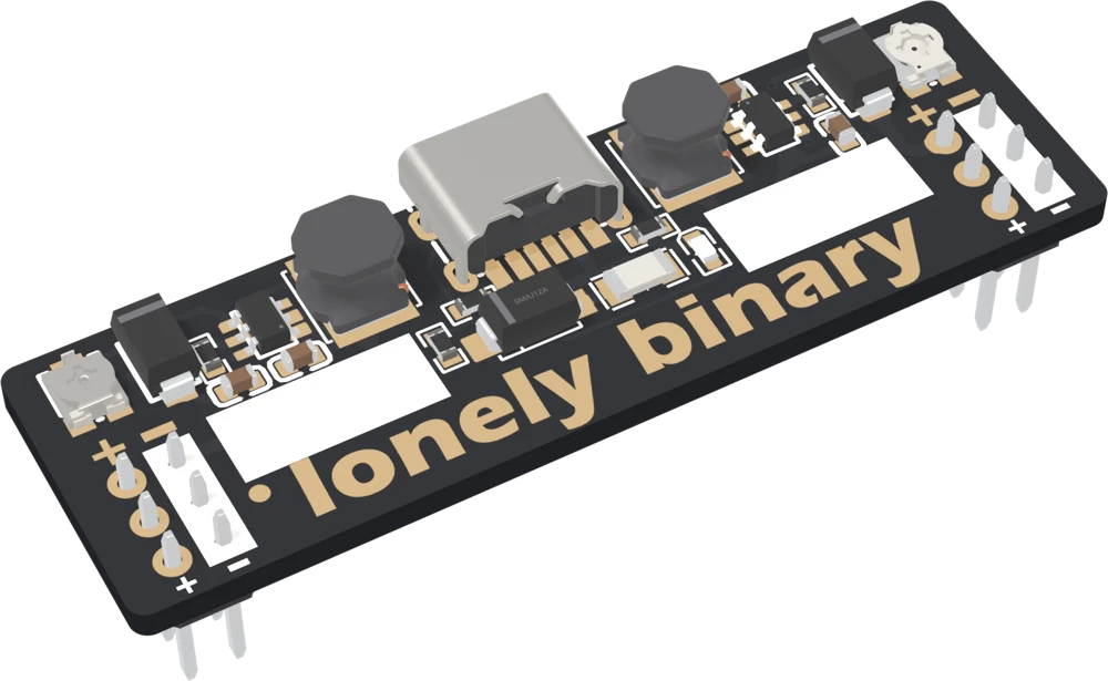 The booster adapter from above at an angle: the USB-C socket centred on the far edge between two large square black inductors, a six-legged MT3608 chip and a black diode beside each, a small round trimmer in each top corner, two blank white label boxes along the bottom, and plus and minus marks over the pin columns at each end.